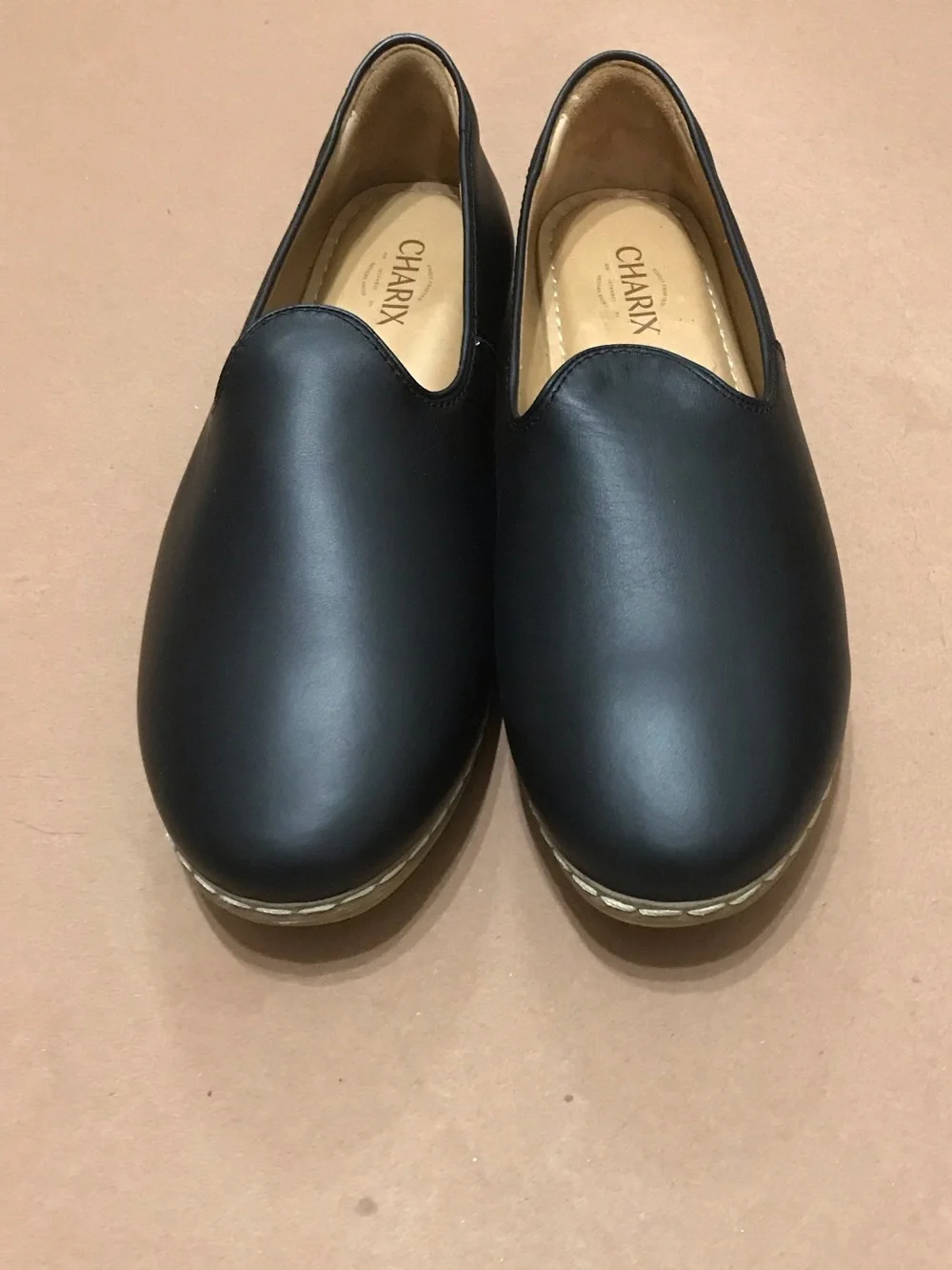 CHARIX Black Leather Slip-On Loafers with Tan Insole Size 46 US 12